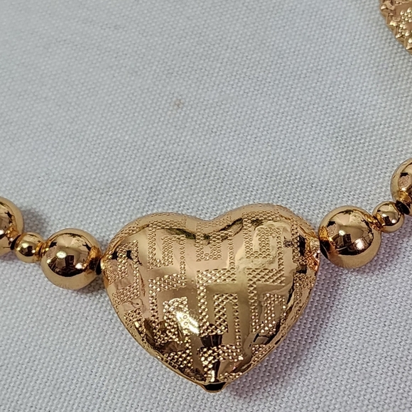 Chunky Gold Puffy Hearts with Greek Key Design and Bead Necklace - Picture 8 of 10